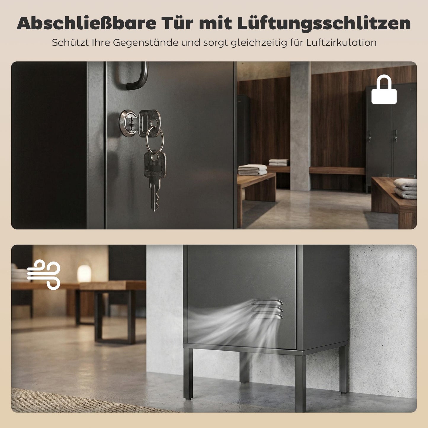 Steel Locker Cabinet with Lock, Ventilation, Black, 179H cm