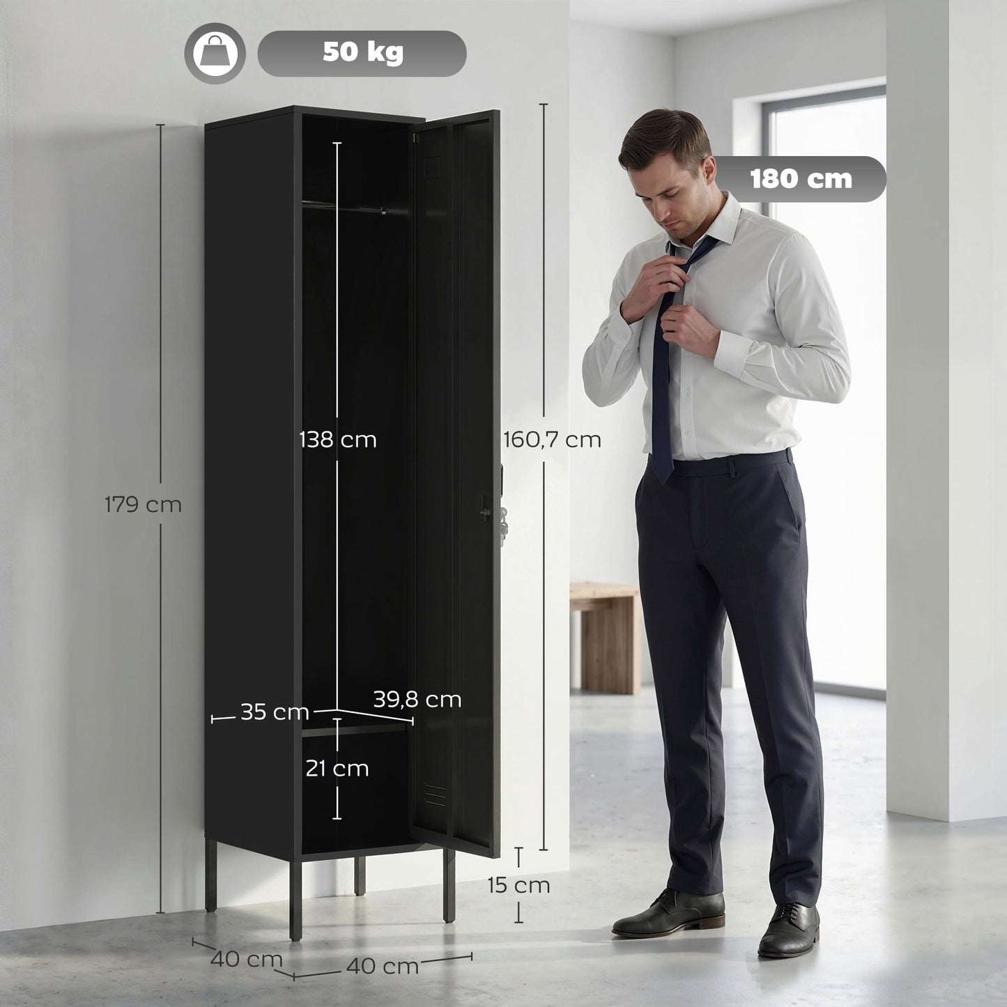 Steel Locker Cabinet with Lock, Ventilation, Black, 179H cm