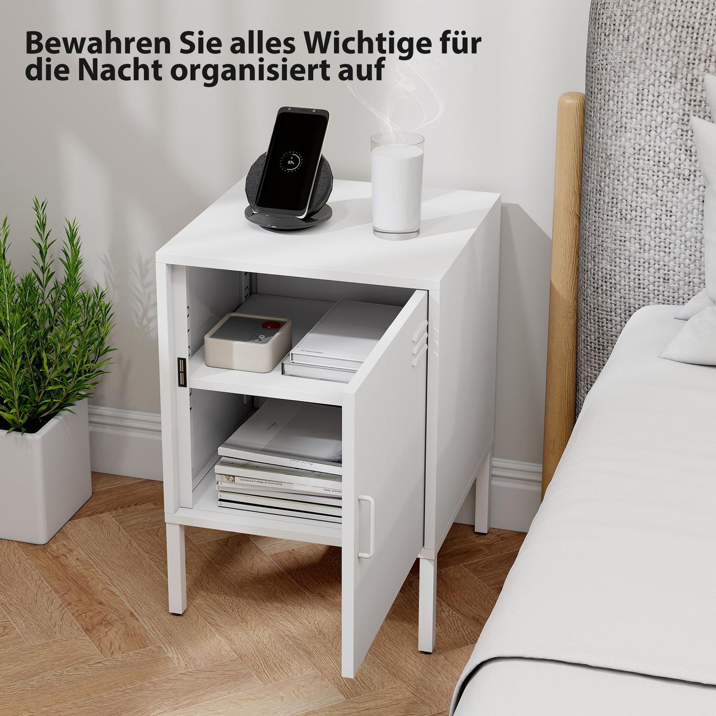 Steel Nightstand with Adjustable Shelf – White, 40x40x56 cm