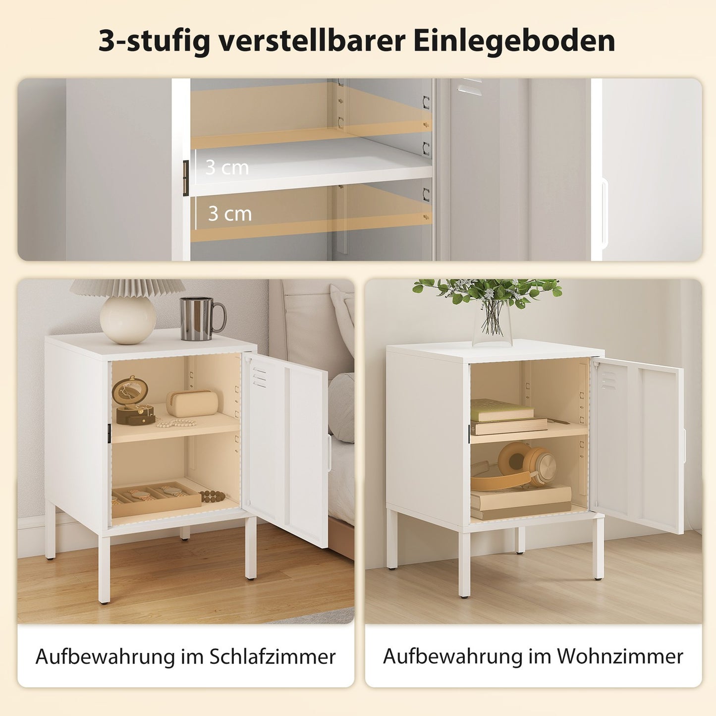 Steel Nightstand with Adjustable Shelf – White, 40x40x56 cm