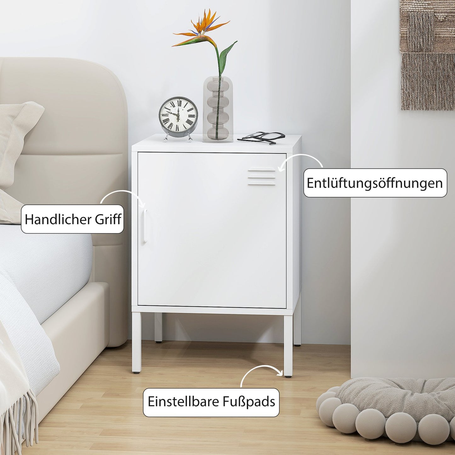 Steel Nightstand with Adjustable Shelf – White, 40x40x56 cm