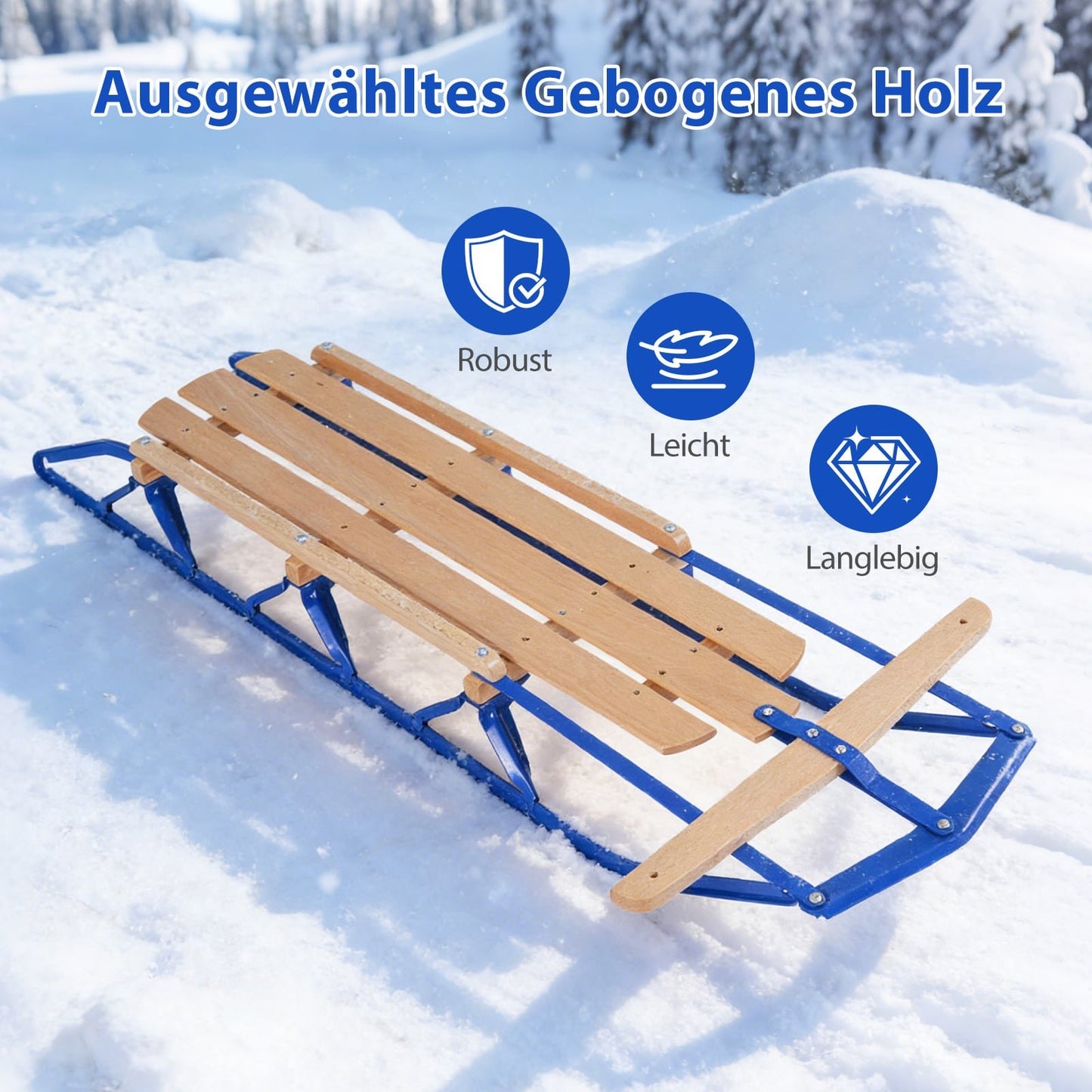 Steel & Wood Sled with Steering Bar – Blue, 150kg Capacity