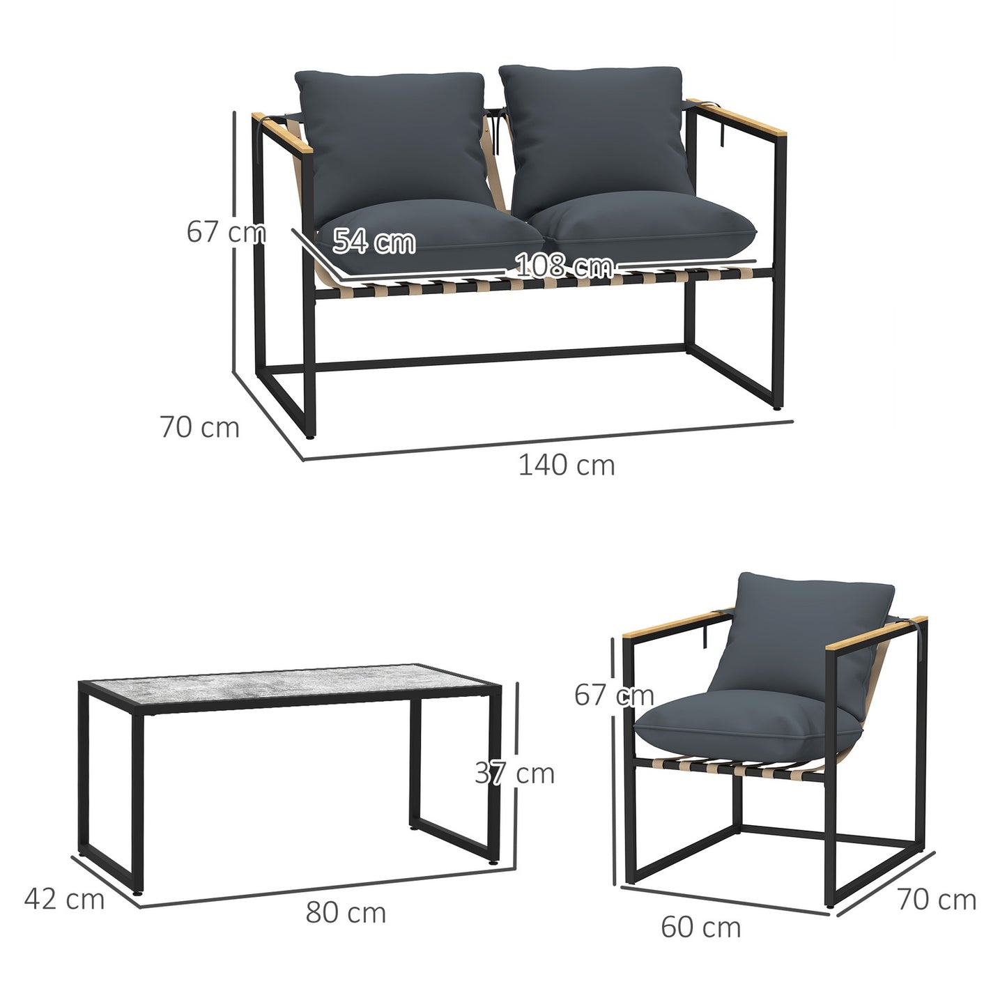 Garden furniture in steel for 4, weatherproof, gray