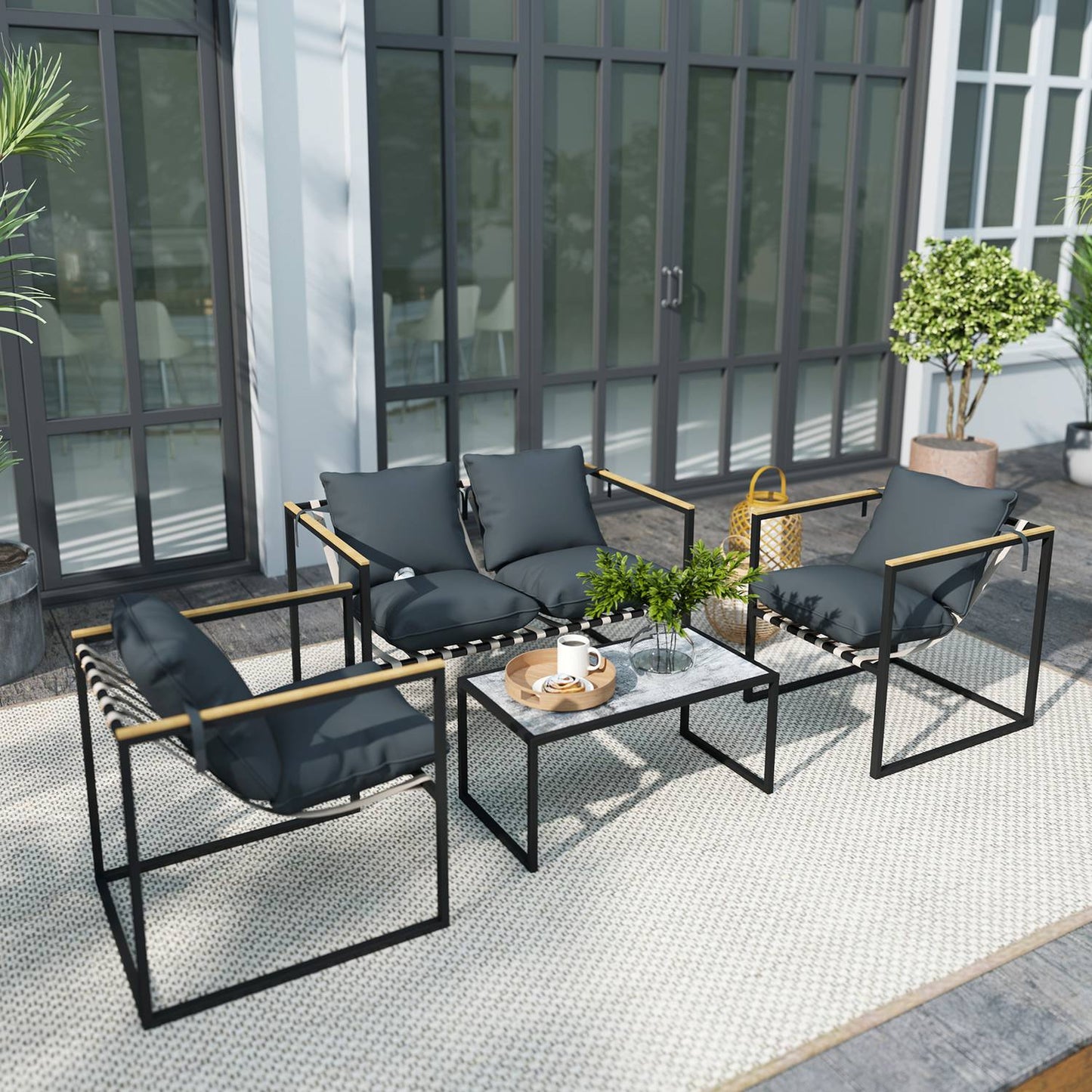 Garden furniture in steel for 4, weatherproof, gray