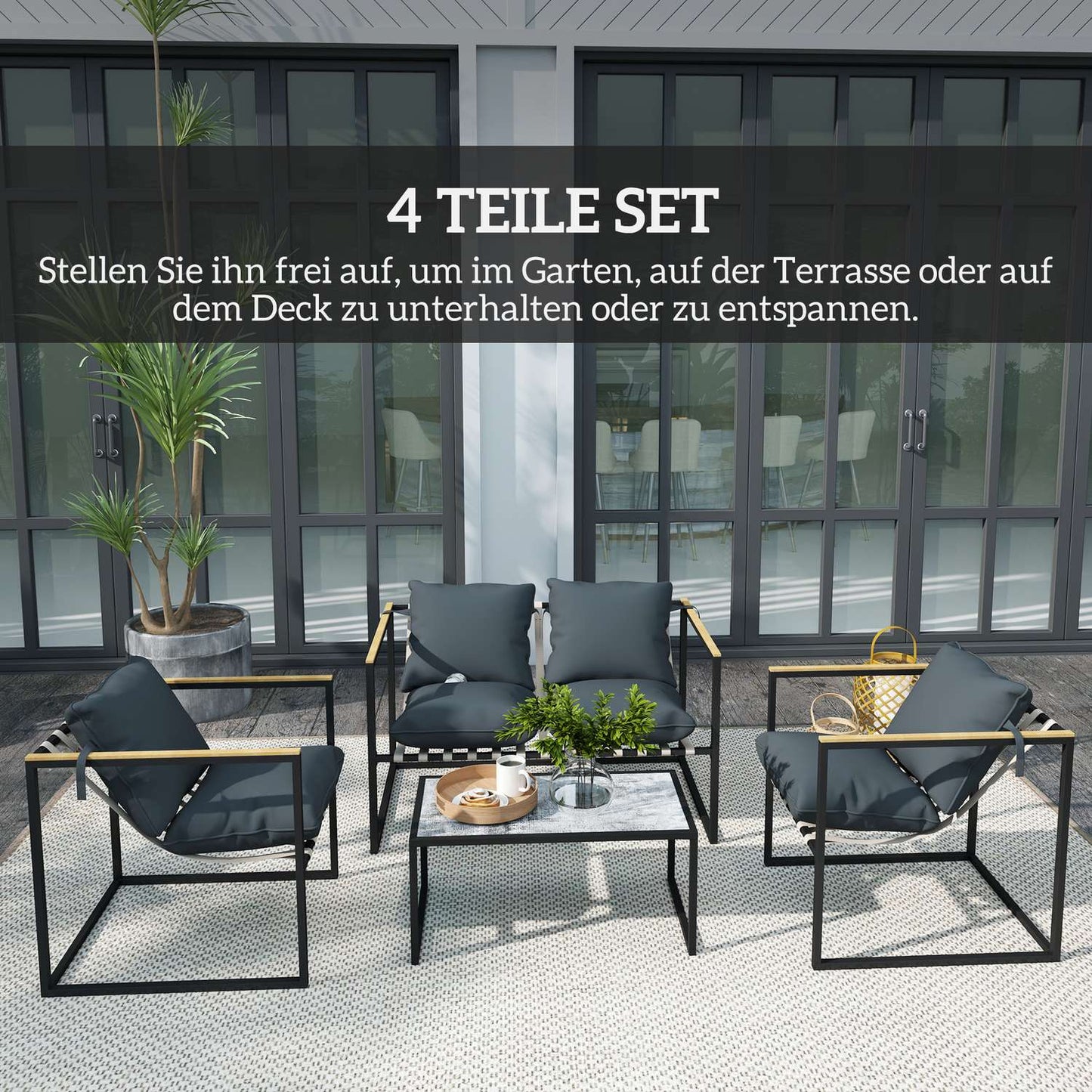 Garden furniture in steel for 4, weatherproof, gray
