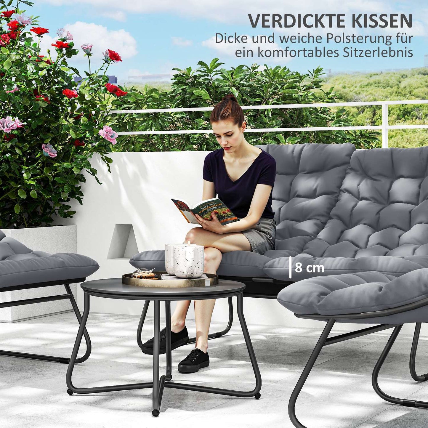 Outdoor Steel Garden Furniture Set of 4, Weather Resistant, Grey