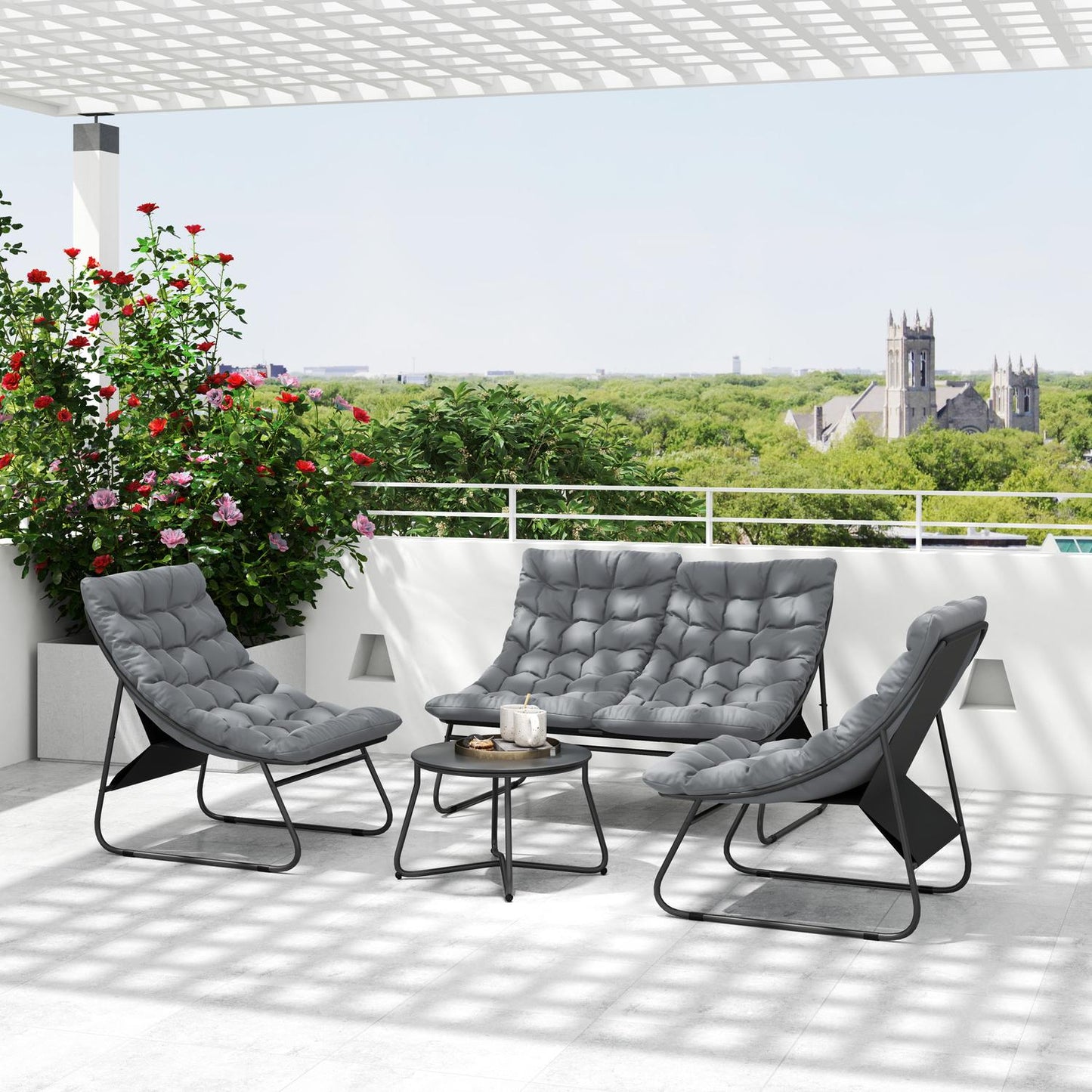 Outdoor Steel Garden Furniture Set of 4, Weather Resistant, Grey