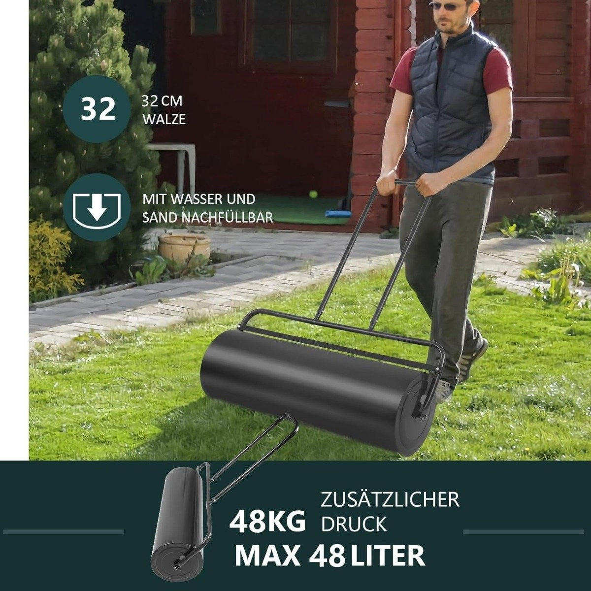 Steel lawn roller with water and sand roller Lawn roller with heavy roller Hand roller with U-shaped handle Black