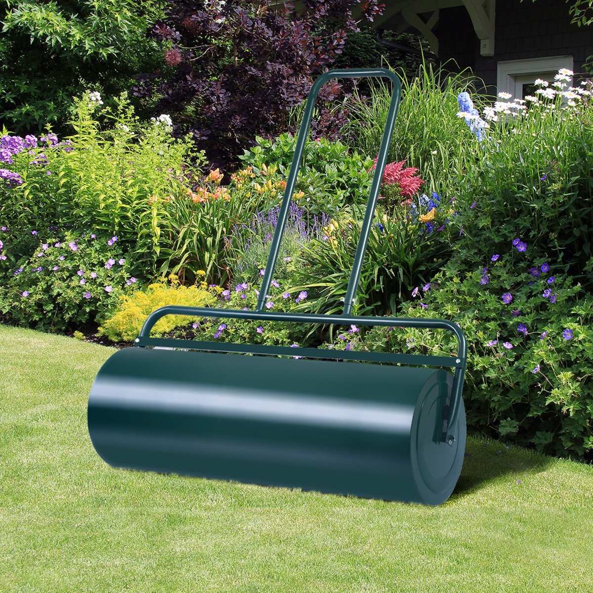 Steel lawn roller with water and sand roller Lawn roller with heavy roller Hand roller with U-shaped handle Green