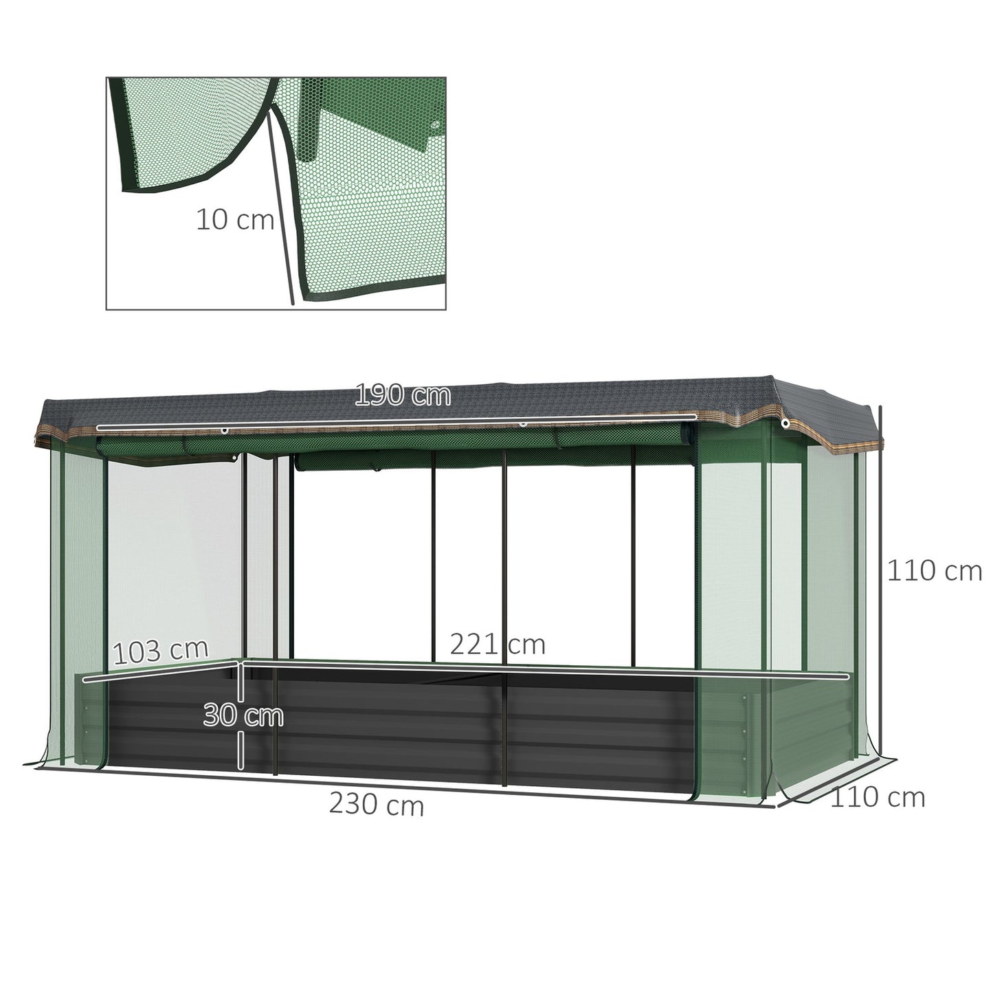 Steel garden bed with bird netting, dark grey, 230x110x110 cm