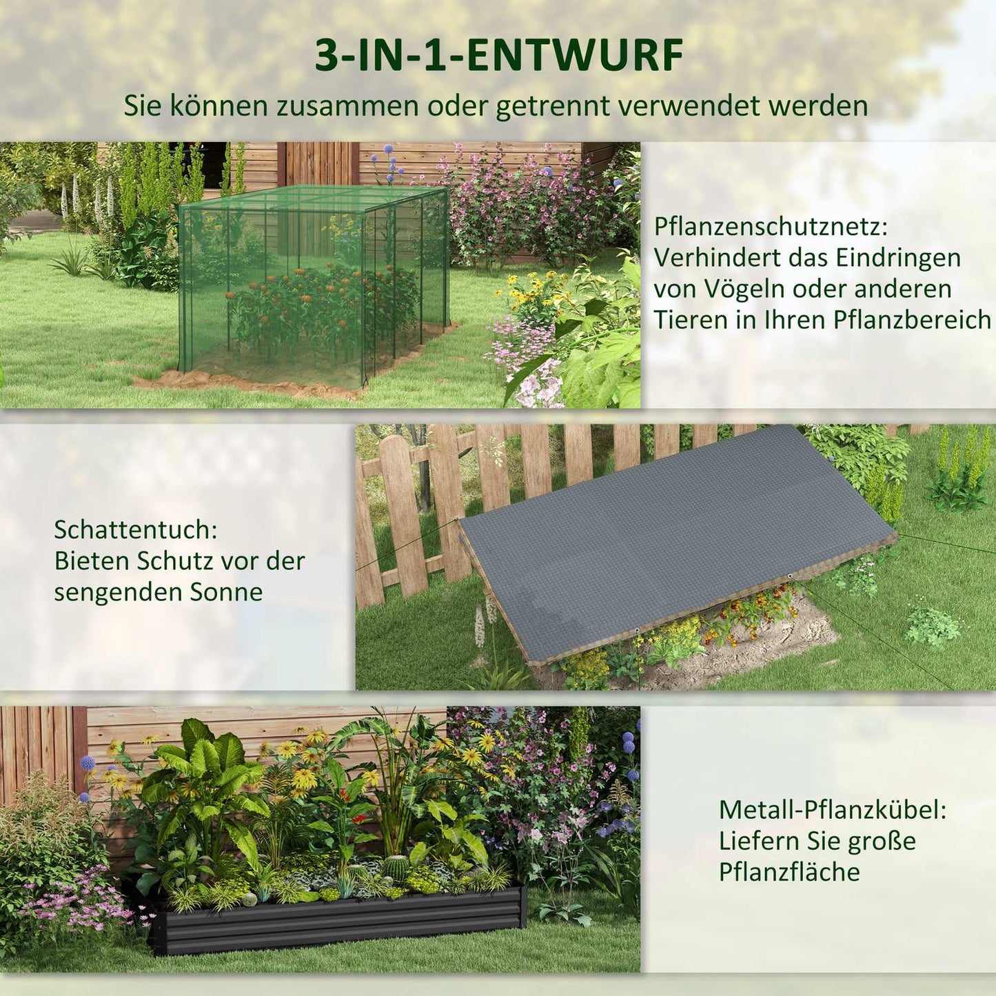 Steel garden bed with bird netting, dark grey, 230x110x110 cm