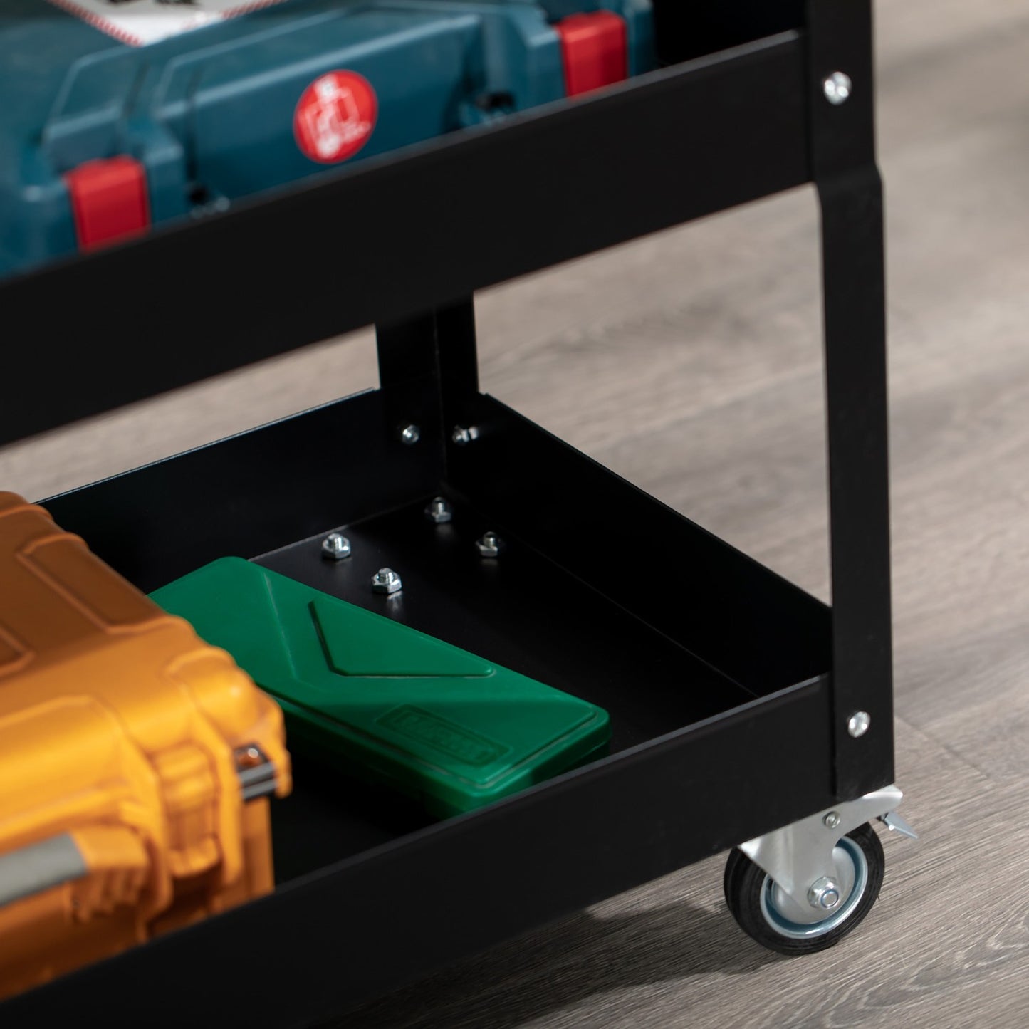 Steel workshop trolley, 3 shelves, wheels, 150 kg Capacity