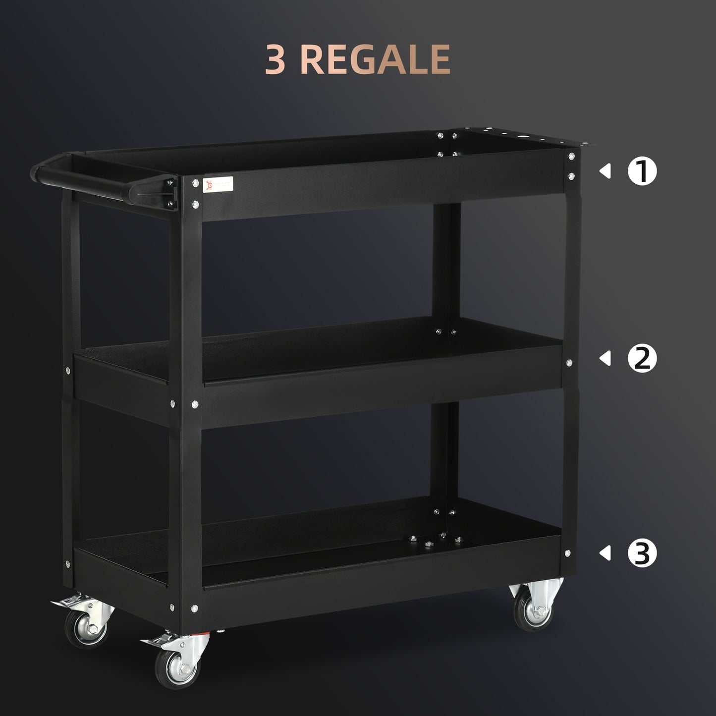 Steel workshop trolley, 3 shelves, wheels, 150 kg Capacity