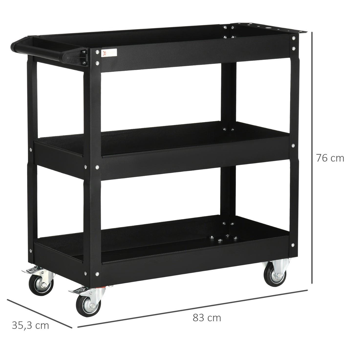 Steel workshop trolley, 3 shelves, wheels, 150 kg Capacity