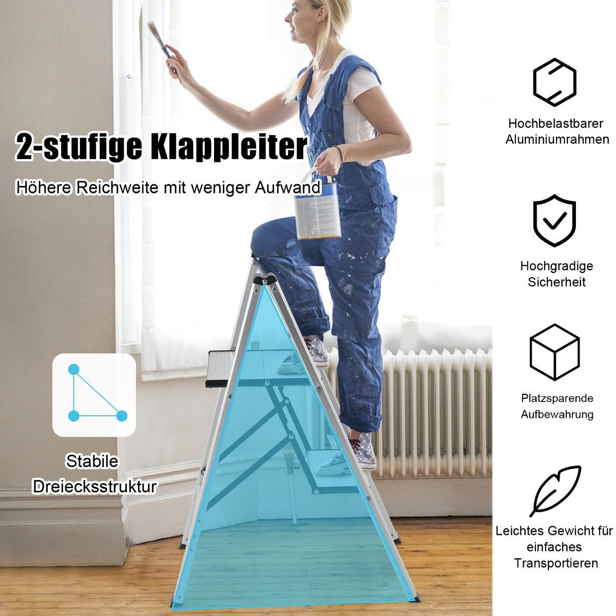 Step ladder 2 steps aluminum folding ladder up to 150 kg silver