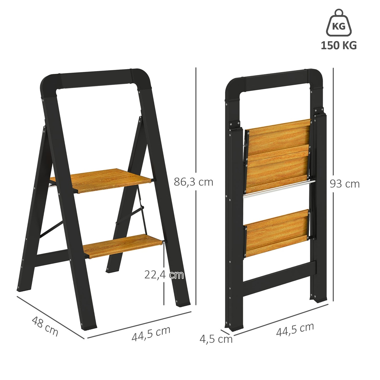 Aluminum ladder - 2 steps, non-slip, 150 kg capacity