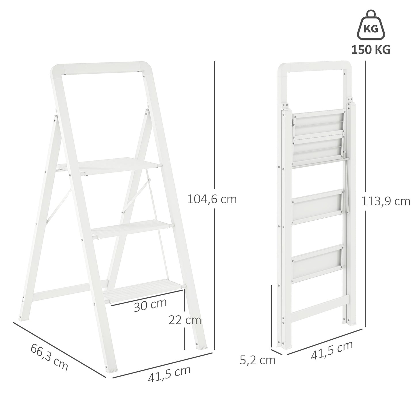 Folding aluminum stepladder, anti-slip, 150 kg capacity
