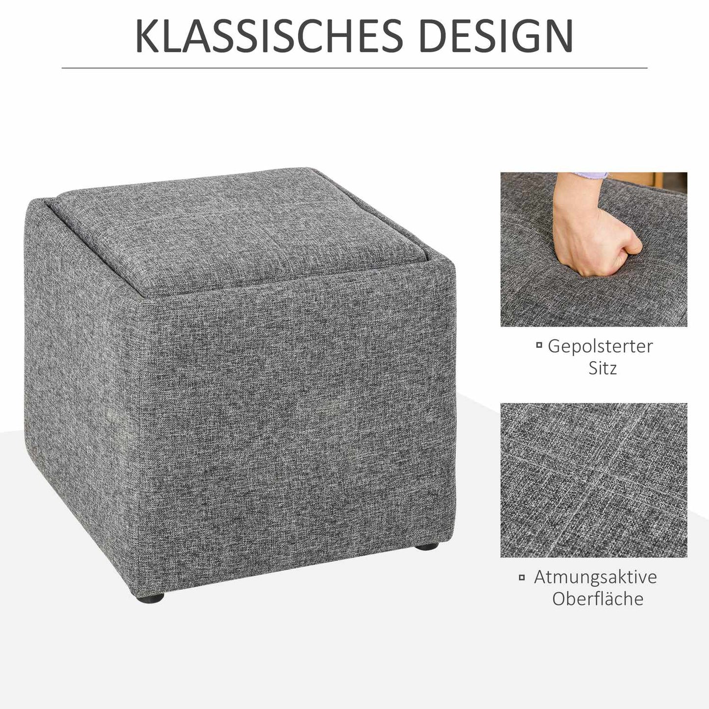 Stool with storage - Covered dark gray linen, 42x42x41 Cm