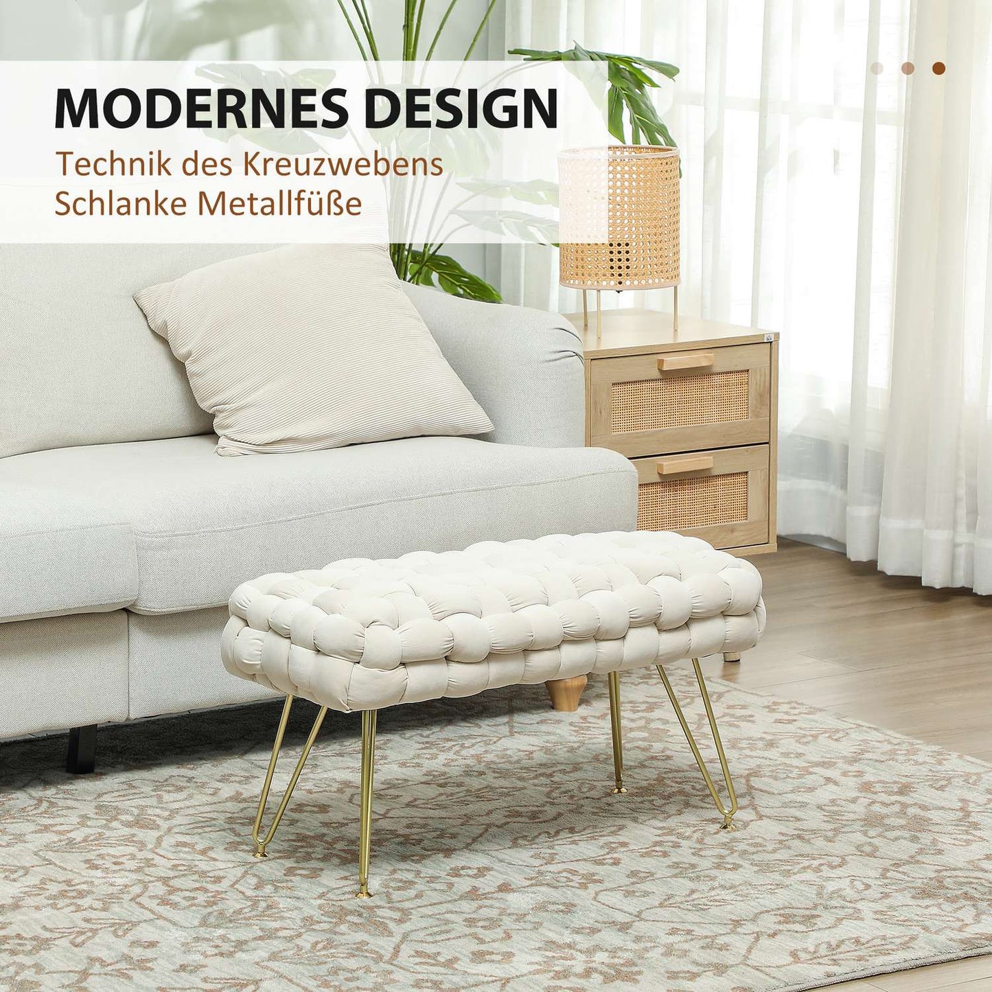 Velvet covered footstool with metal legs, cream white