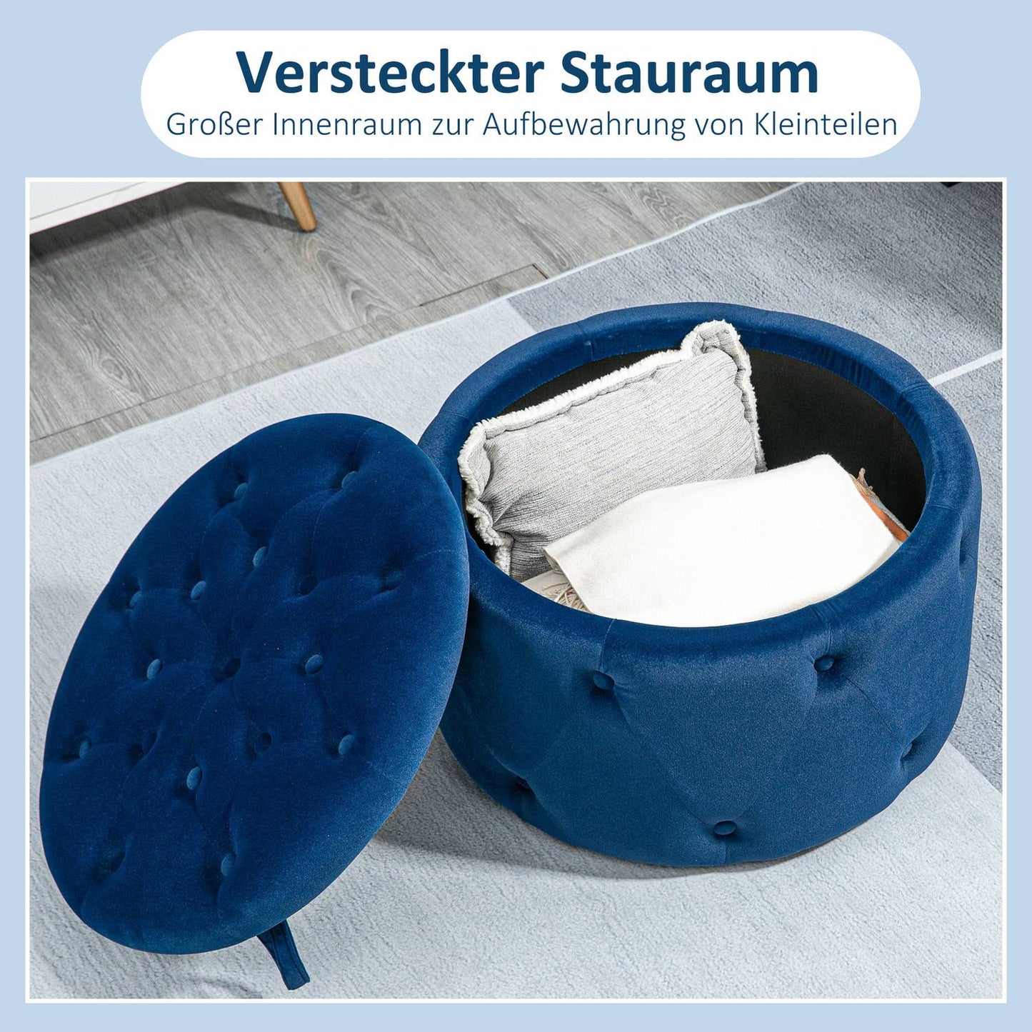 Round Velvet Storage Ottoman - Blue, Ø60 x 40 cm