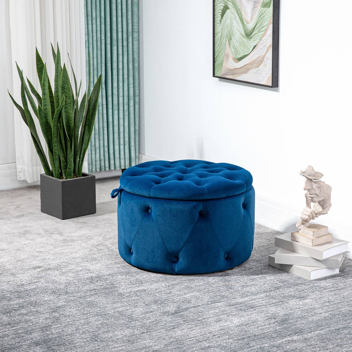 Round Velvet Storage Ottoman - Blue, Ø60 x 40 cm