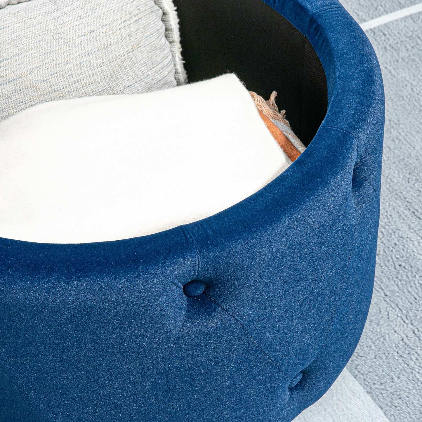 Round Velvet Storage Ottoman - Blue, Ø60 x 40 cm