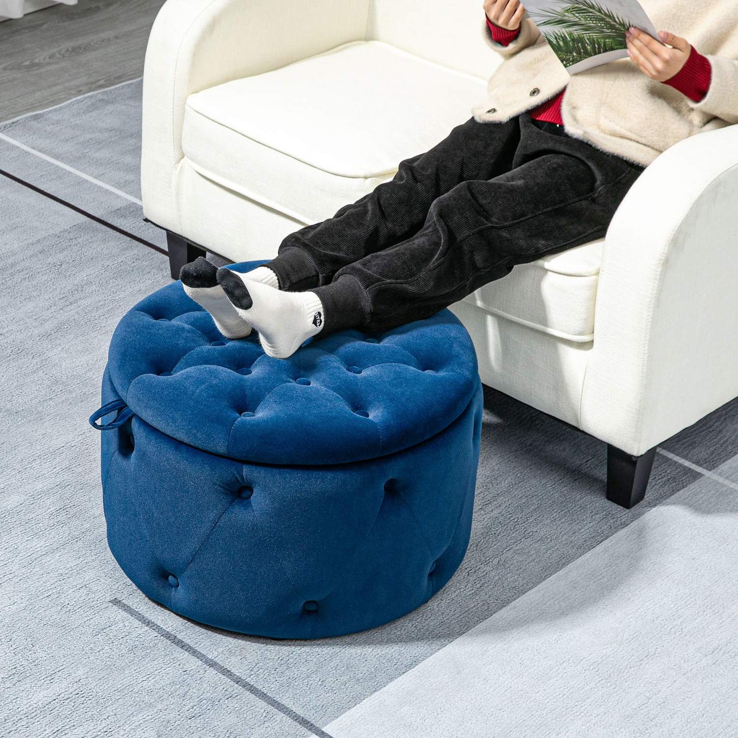 Round Velvet Storage Ottoman - Blue, Ø60 x 40 cm