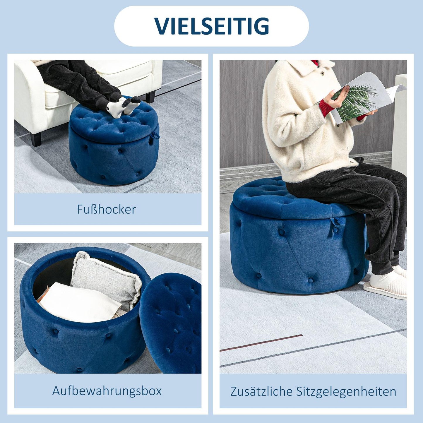 Round Velvet Storage Ottoman - Blue, Ø60 x 40 cm