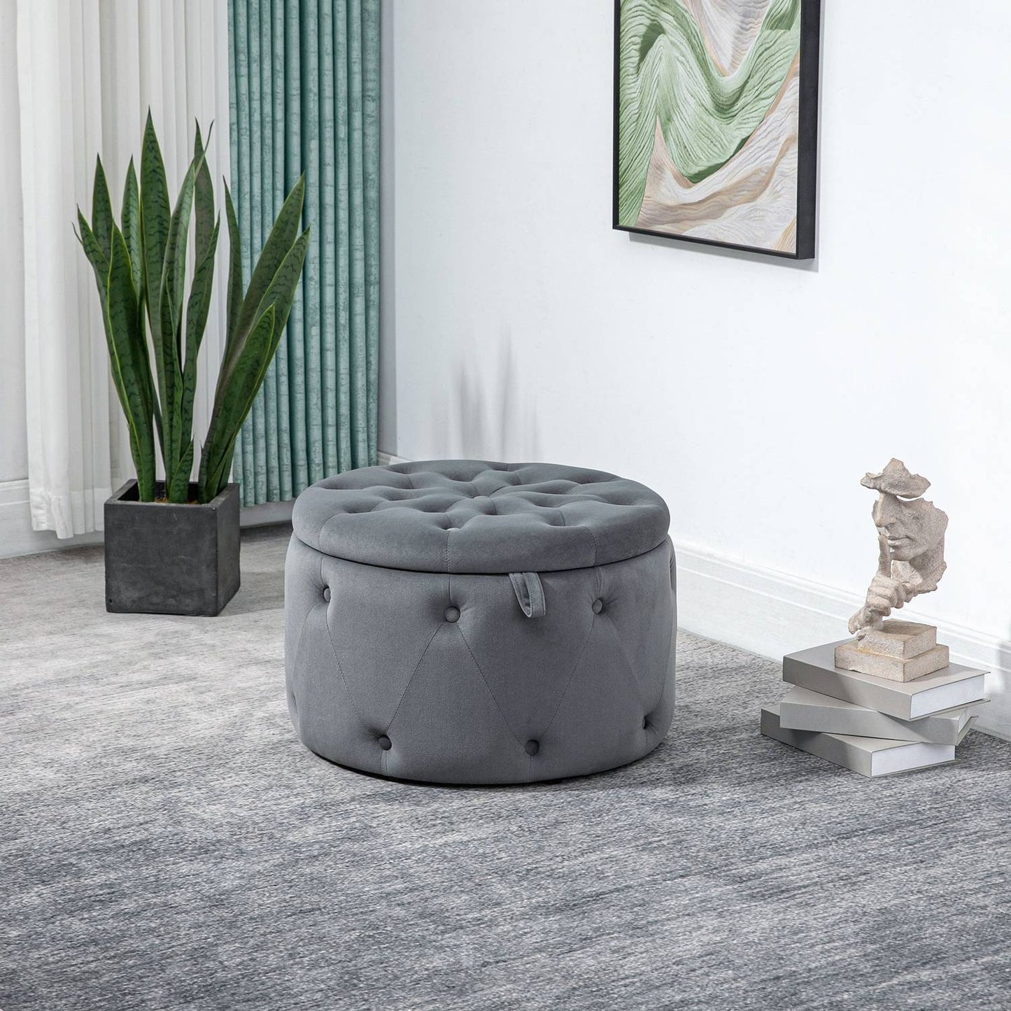 Round upholstered ottoman with storage, velvet look, gray