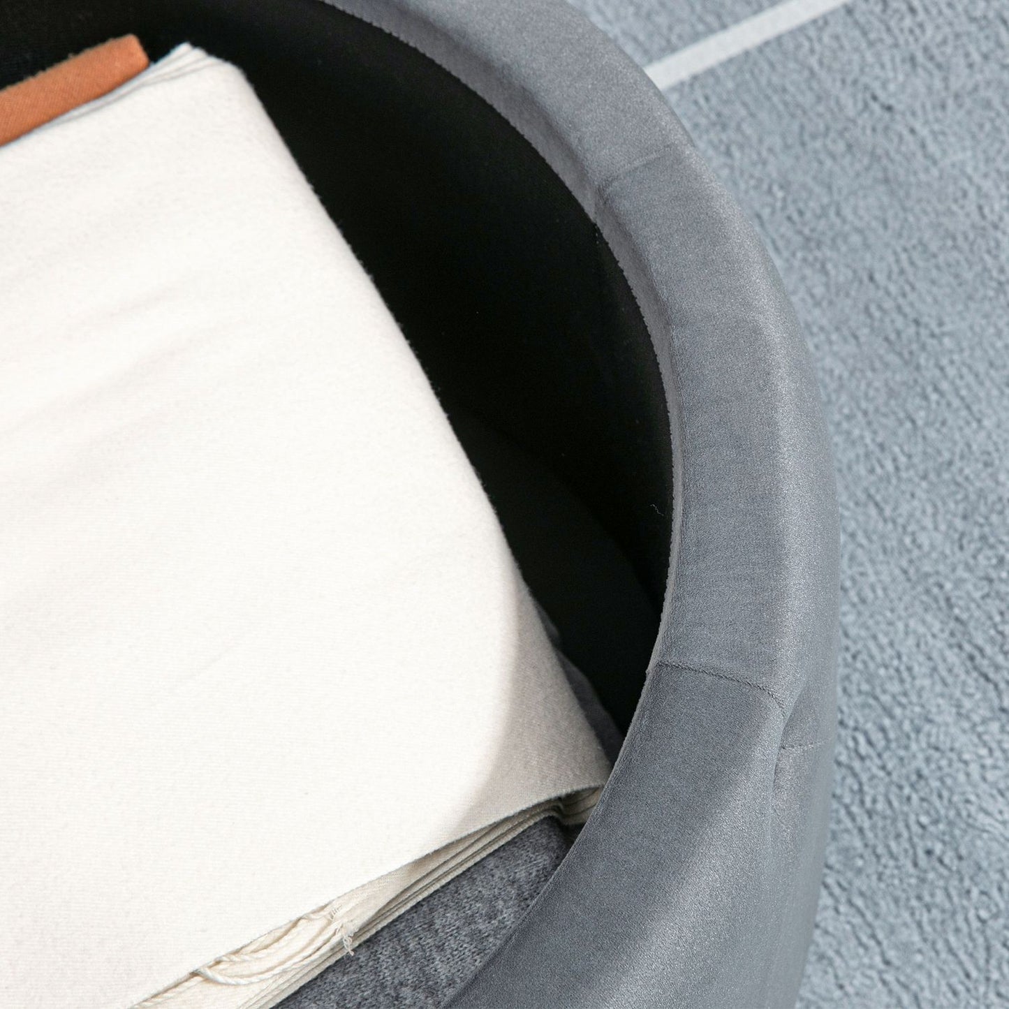 Round upholstered ottoman with storage, velvet look, gray