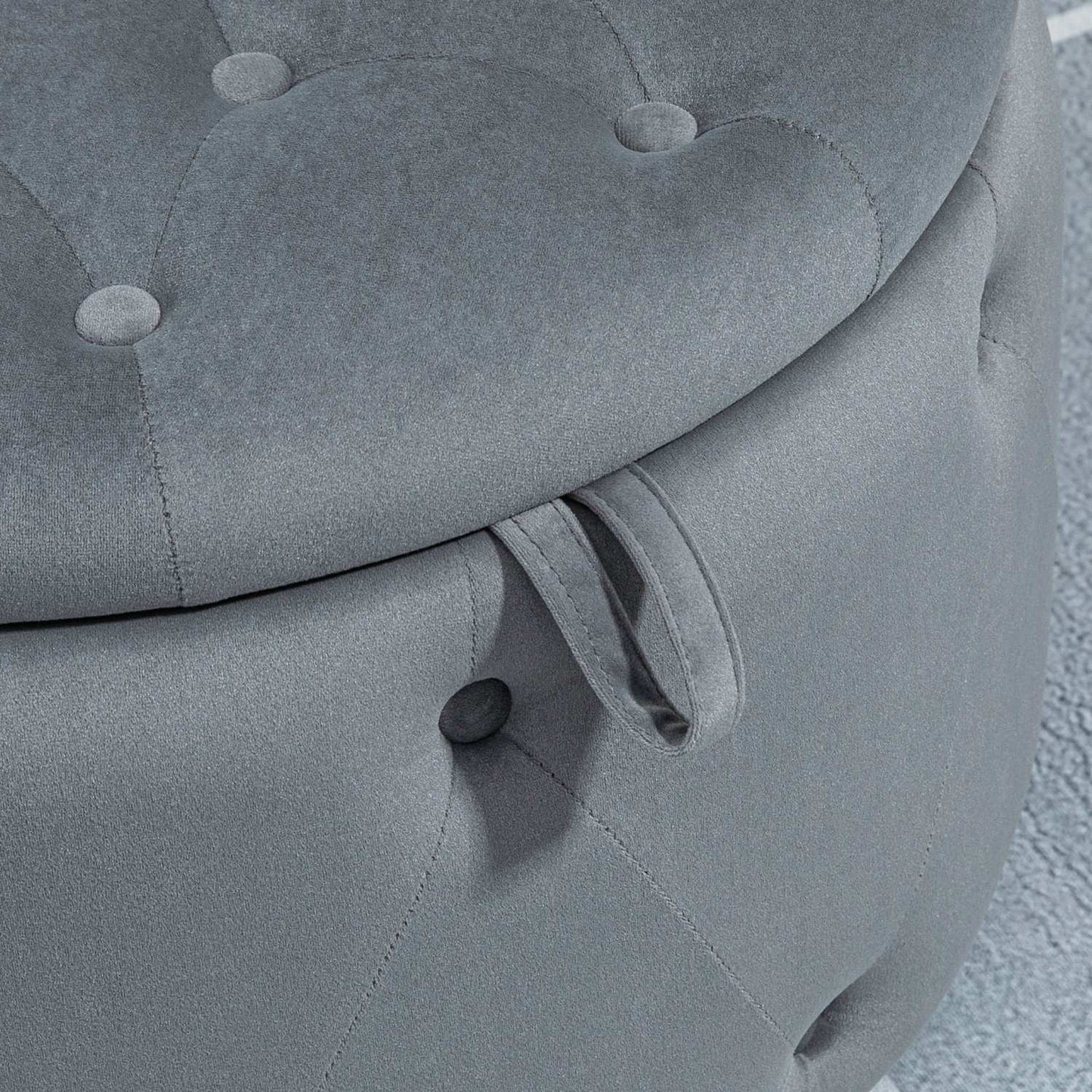 Round upholstered ottoman with storage, velvet look, gray