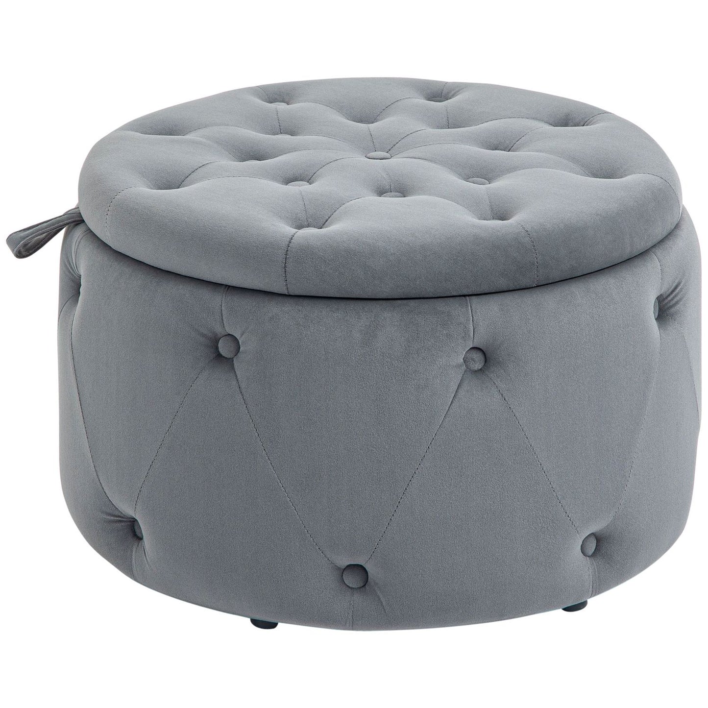 Round upholstered ottoman with storage, velvet look, gray
