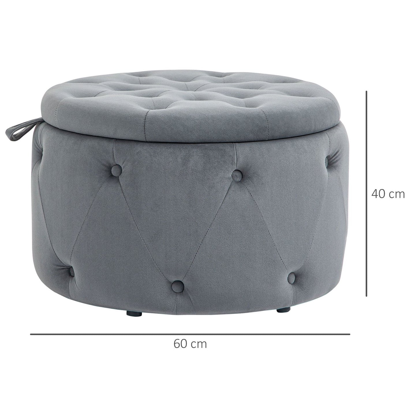 Round upholstered ottoman with storage, velvet look, gray