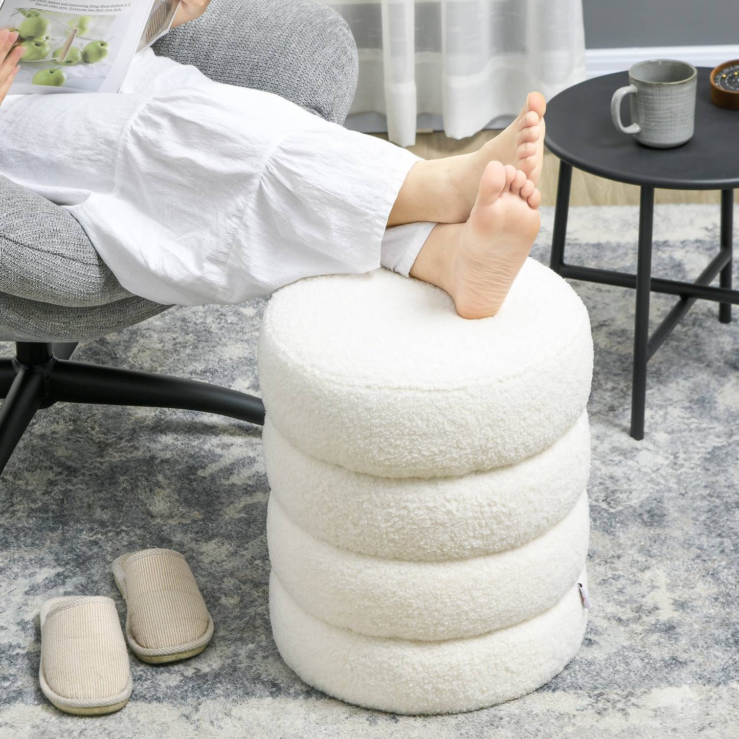 Cream white round ottoman footstool - Ø40 x 45 cm