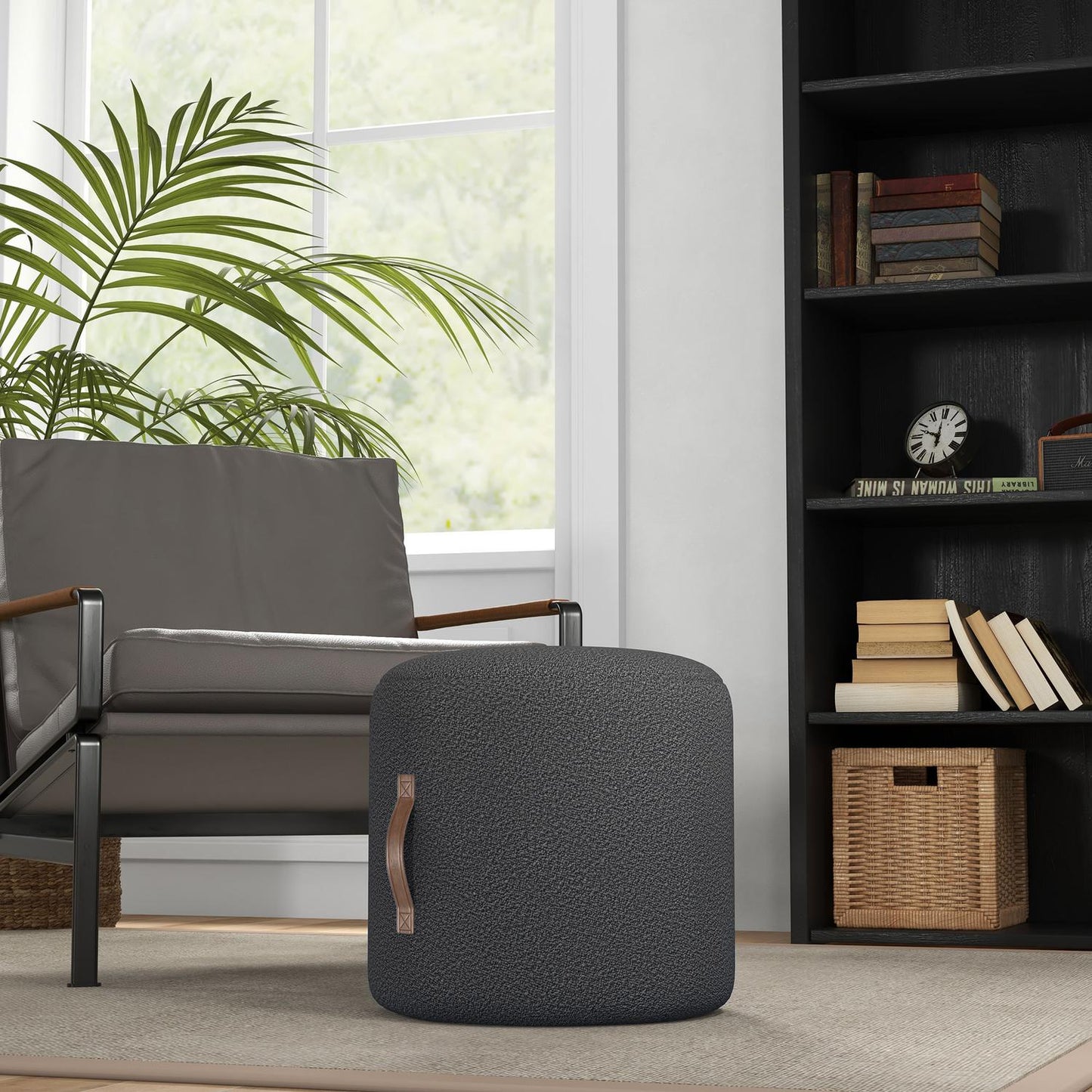 Round dark gray footstool, ottoman with handle - Ø48x45 cm
