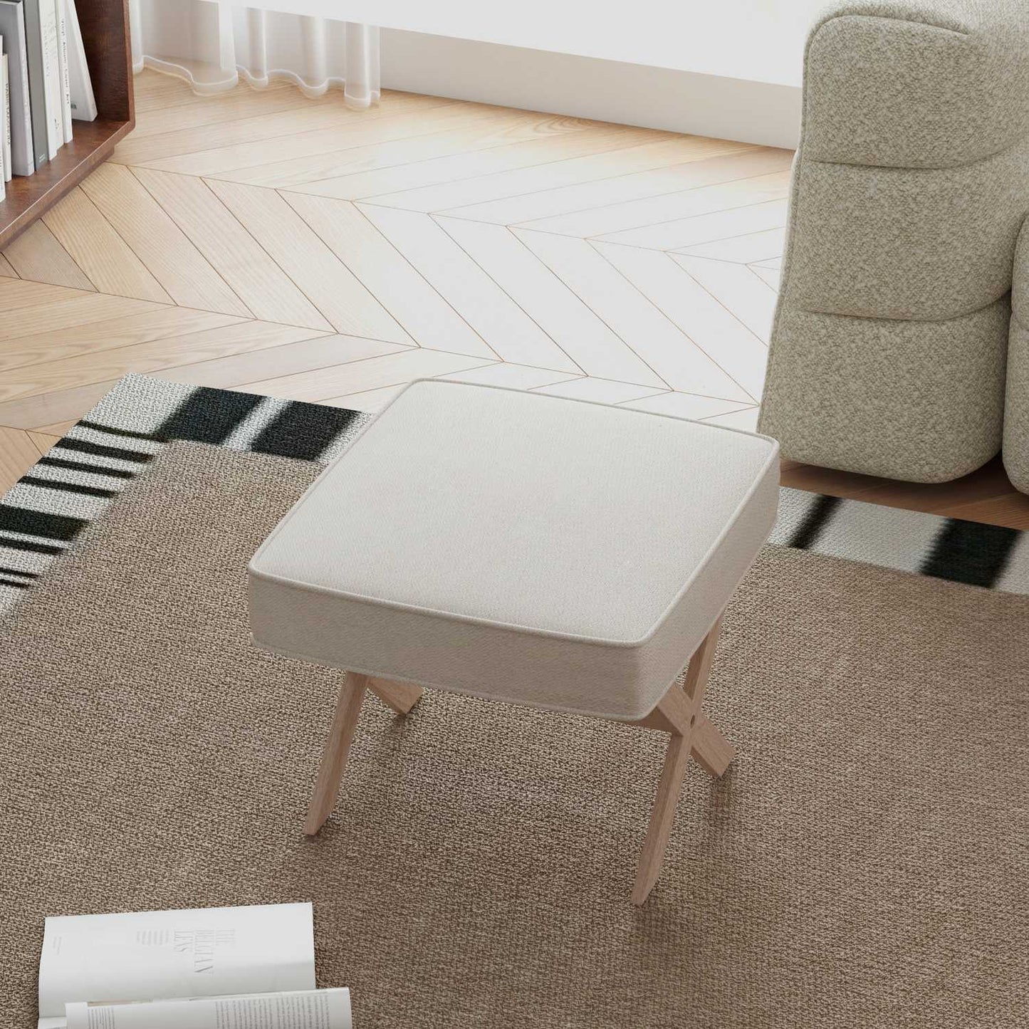 Cream White Upholstered Ottoman Bench - Wood, Non Slip Footrest