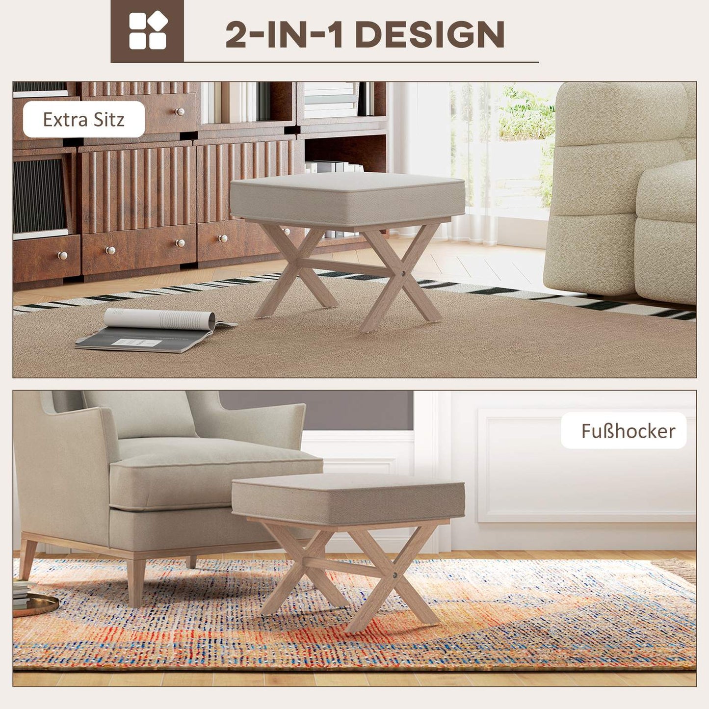 Cream White Upholstered Ottoman Bench - Wood, Non Slip Footrest