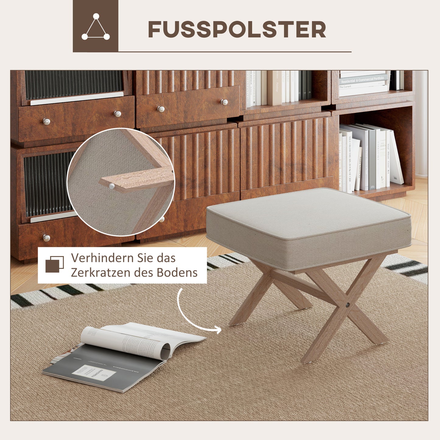 Cream White Upholstered Ottoman Bench - Wood, Non Slip Footrest