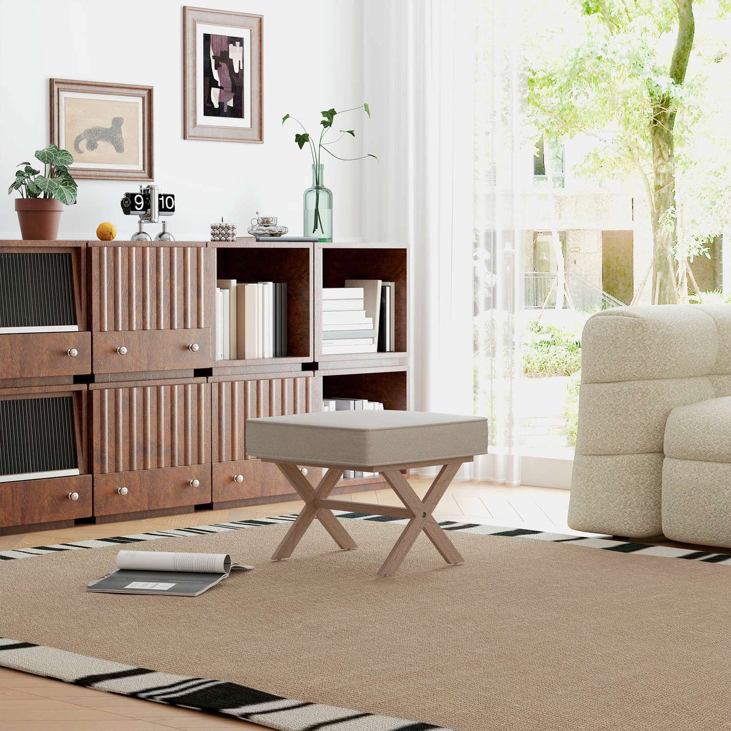 Cream White Upholstered Ottoman Bench - Wood, Non Slip Footrest