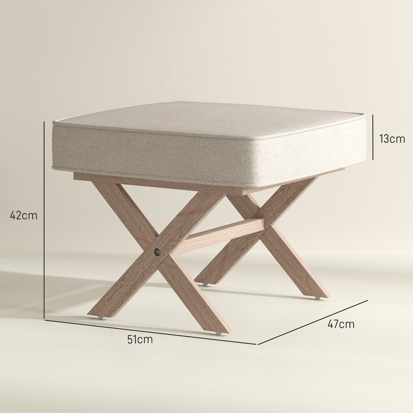 Cream White Upholstered Ottoman Bench - Wood, Non Slip Footrest