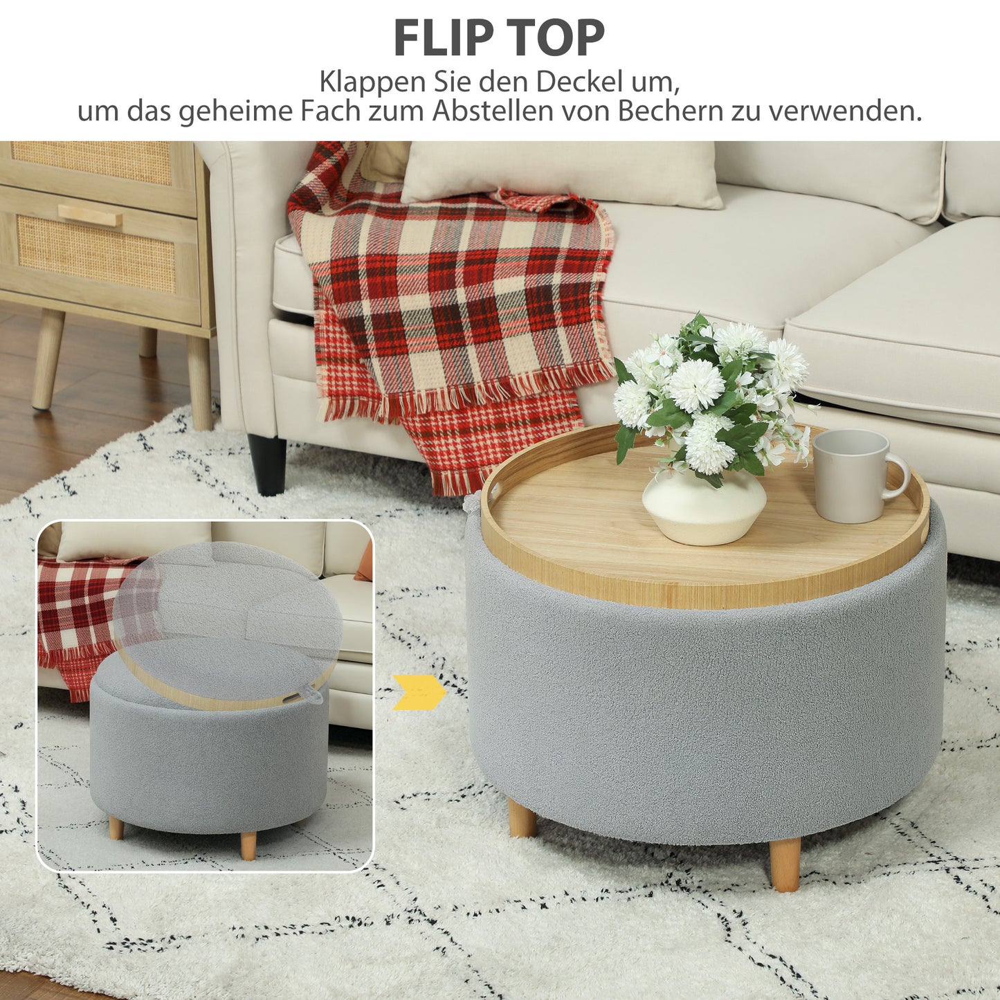 Grey Storage Ottoman – Teddy Fleece, Hidden Storage, 56x56x42 cm