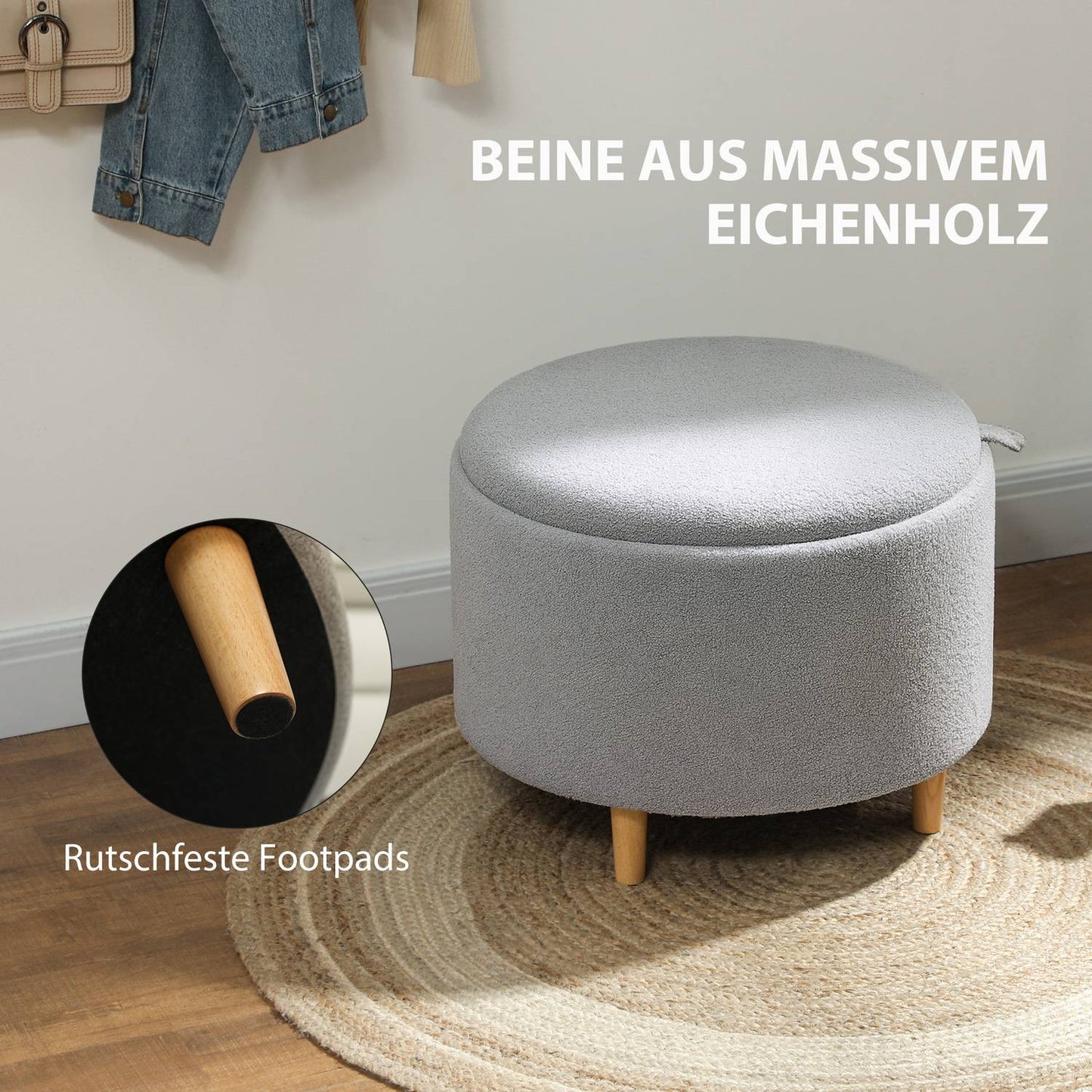 Grey Storage Ottoman – Teddy Fleece, Hidden Storage, 56x56x42 cm