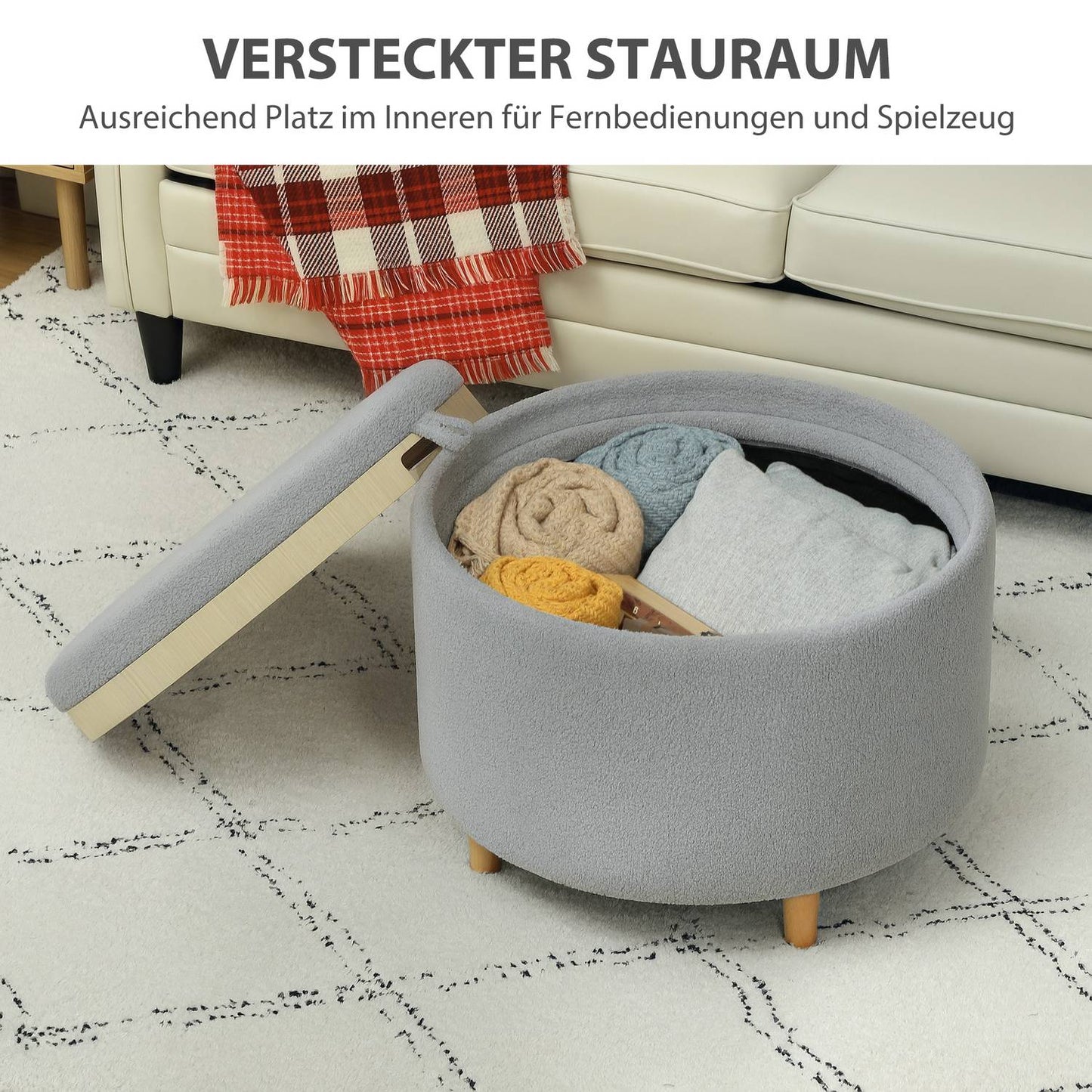 Grey Storage Ottoman – Teddy Fleece, Hidden Storage, 56x56x42 cm