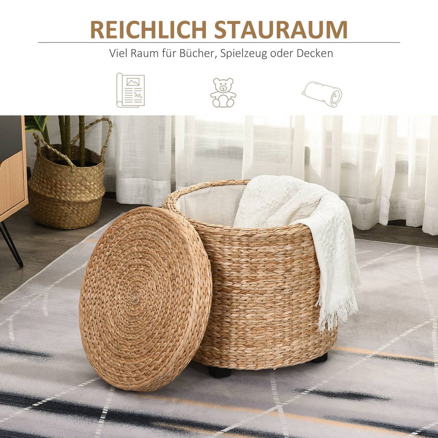 Footstool with storage, removable lid, straw rattan, khaki