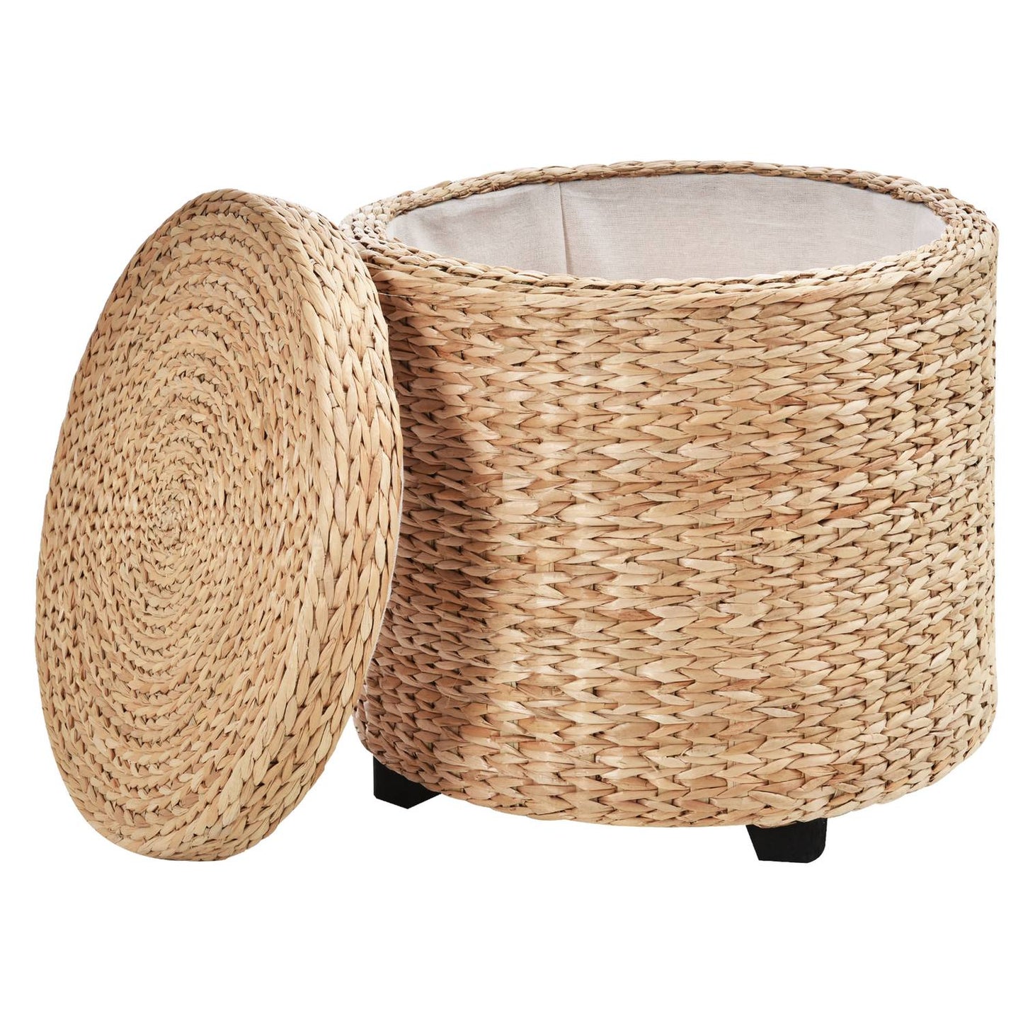 Footstool with storage, removable lid, straw rattan, khaki