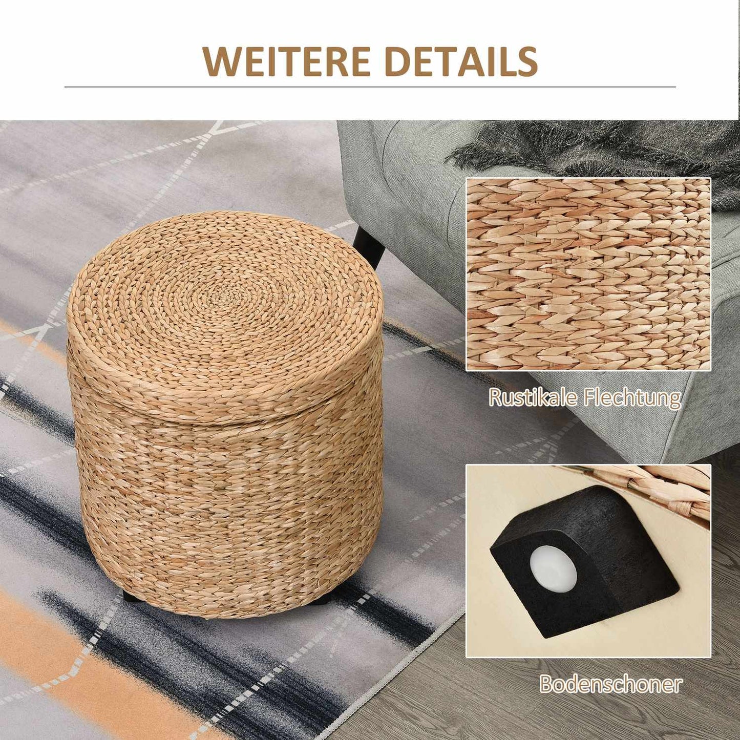 Footstool with storage, removable lid, straw rattan, khaki