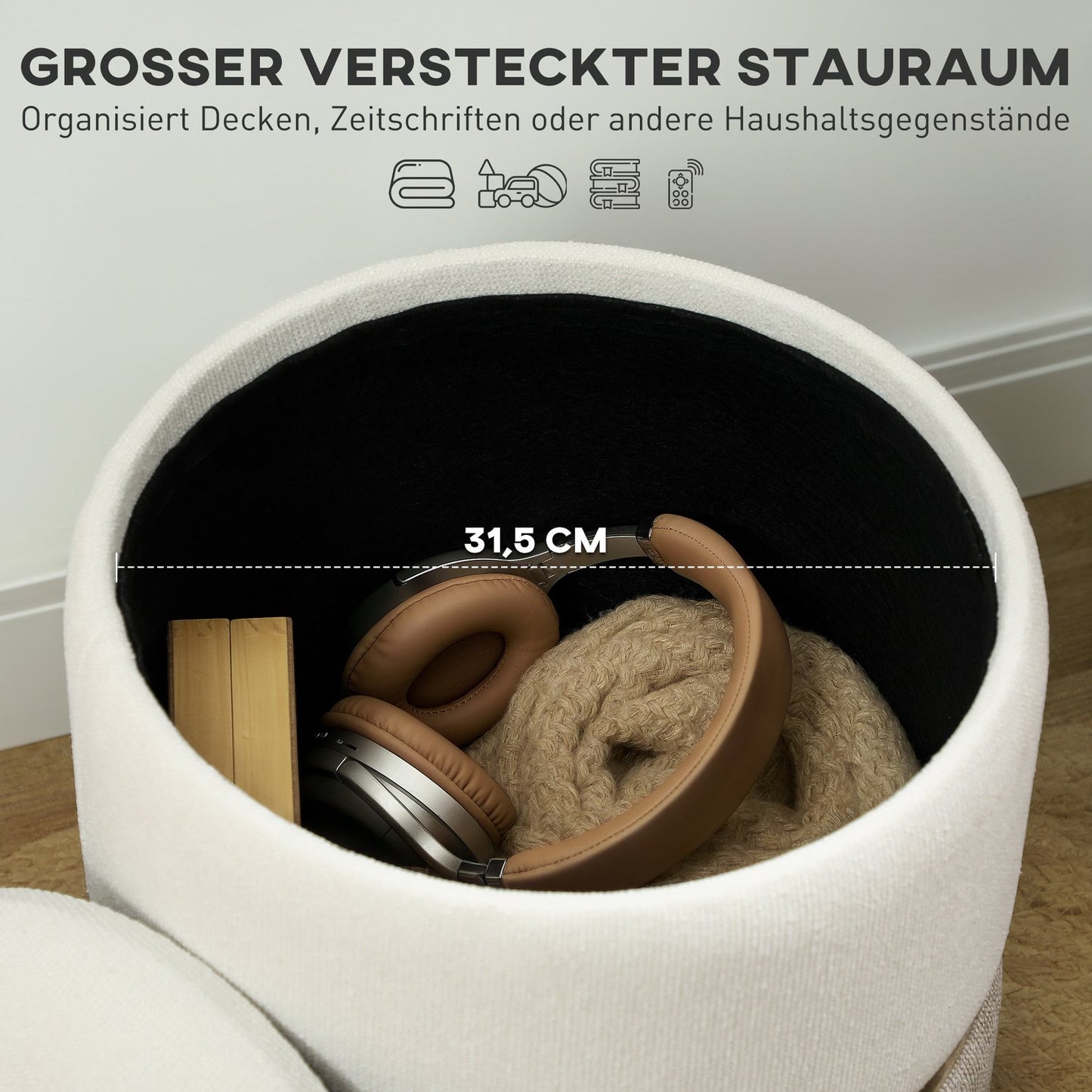 Stool with storage space Stool with lid, metal ring, two-tone design 36 x 36 x 44 cm Cream white