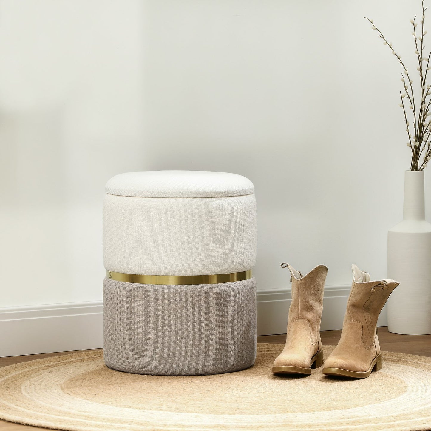 Stool with storage space Stool with lid, metal ring, two-tone design 36 x 36 x 44 cm Cream white