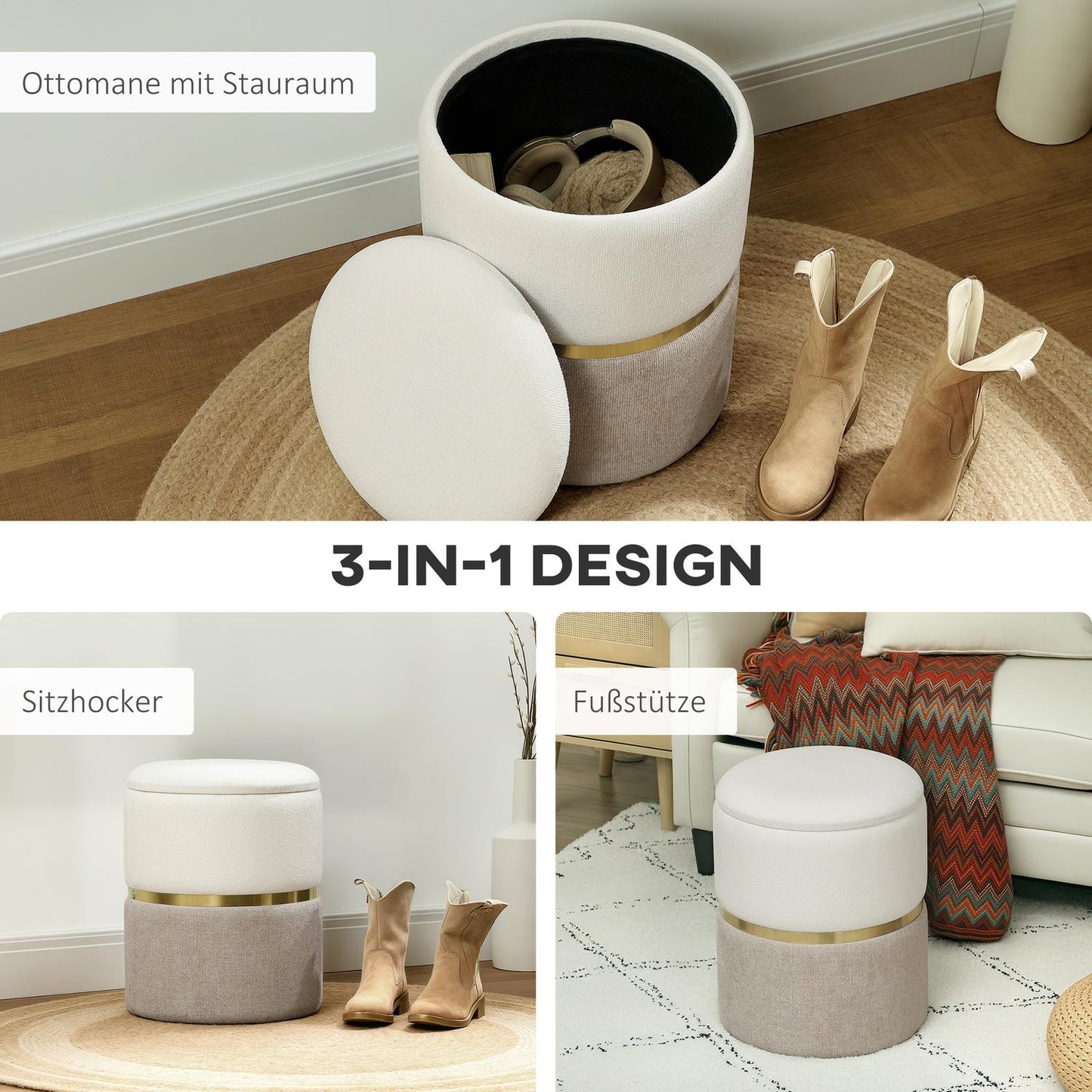 Stool with storage space Stool with lid, metal ring, two-tone design 36 x 36 x 44 cm Cream white