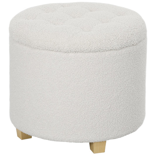 Stool with storage space, stool with lid, round footstool, storage box, with wooden legs, white
